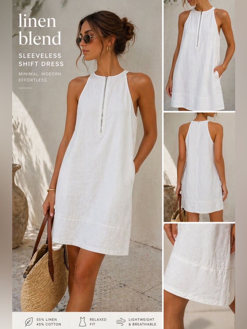 Sleeveless White Linen-Blend Shift Dress